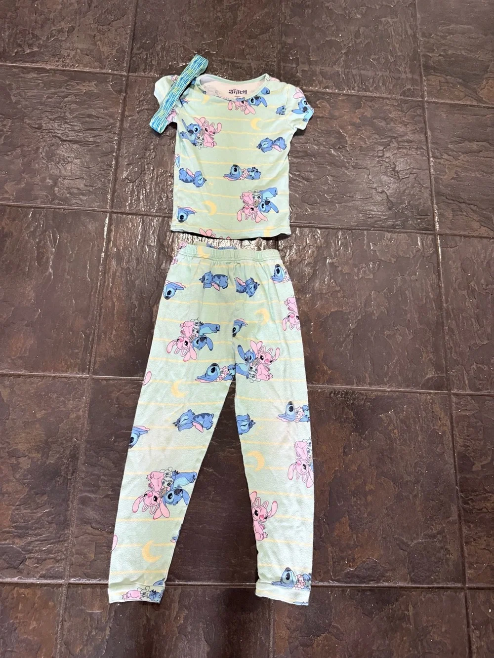 Disney Mint Green, Blue & Pink Stitch Short Sleeve Pajama Set Size 8